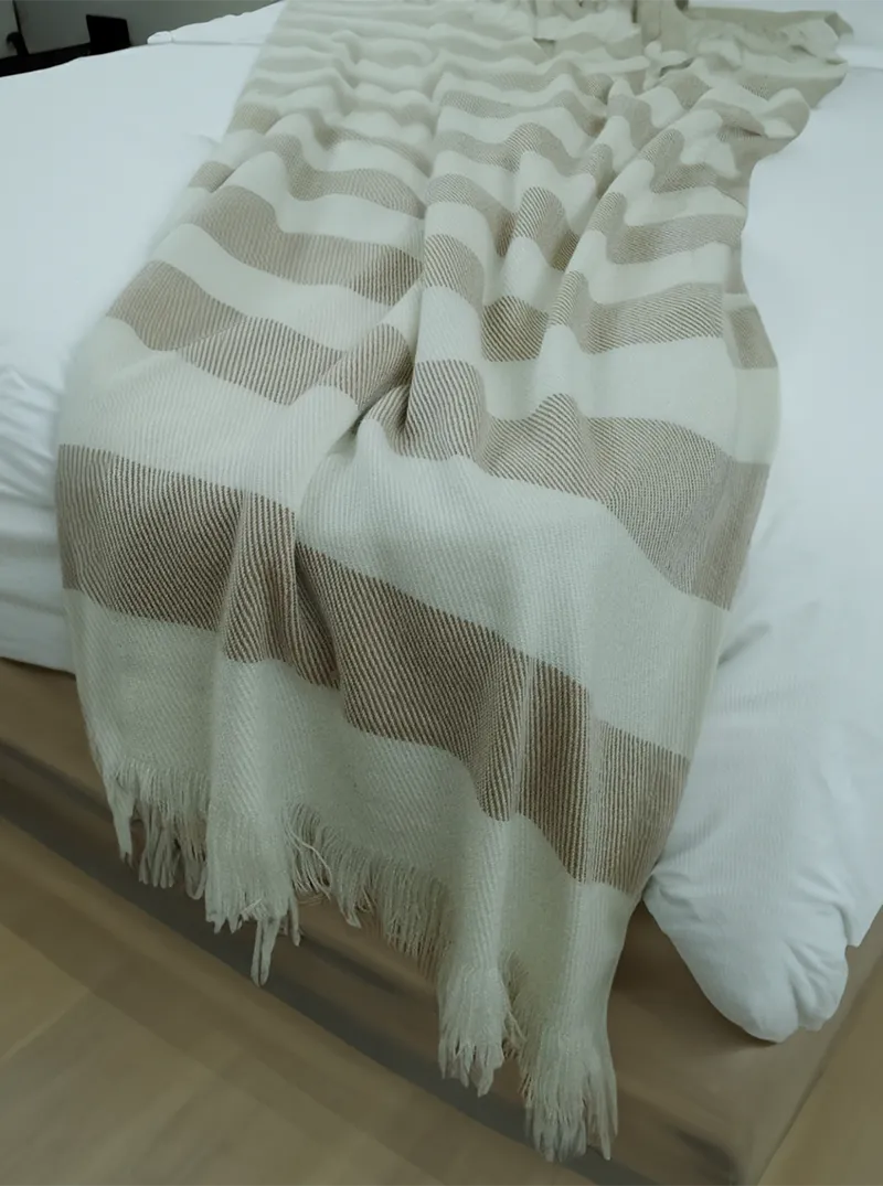 Striped Alpaca Throw Blanket with Fringes | White and Beige