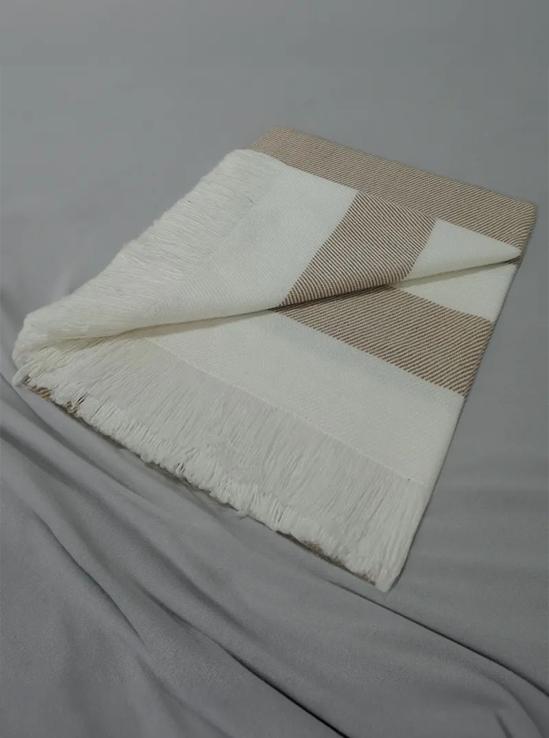 Striped Alpaca Throw Blanket with Fringes | White and Beige