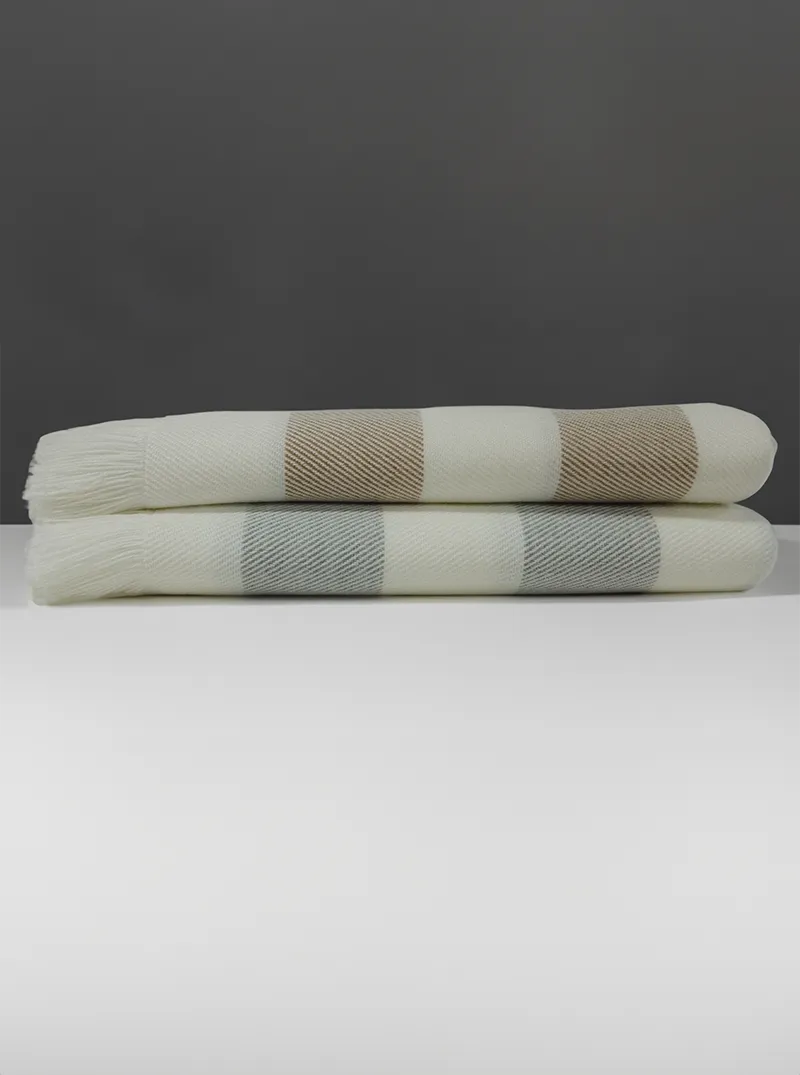 Striped Alpaca Throw Blanket with Fringes | White and Grey