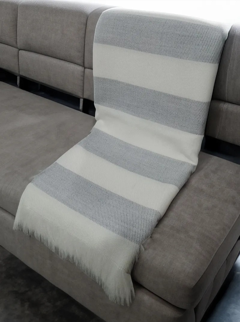 Striped Alpaca Throw Blanket with Fringes | White and Grey