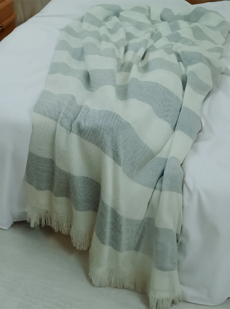 Striped Alpaca Throw Blanket with Fringes | White and Grey