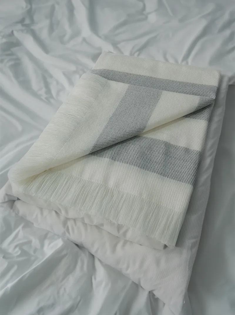 Striped Alpaca Throw Blanket with Fringes | White and Grey