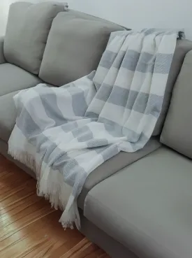 Striped Alpaca Throw Blanket with Fringes | White and Grey