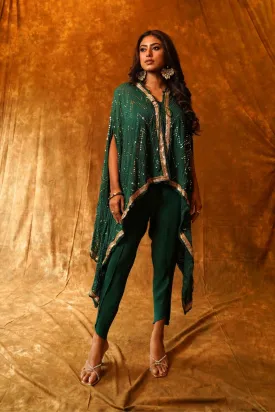 Stylish Emerald Green Collared Cape with Dhoti & Inner