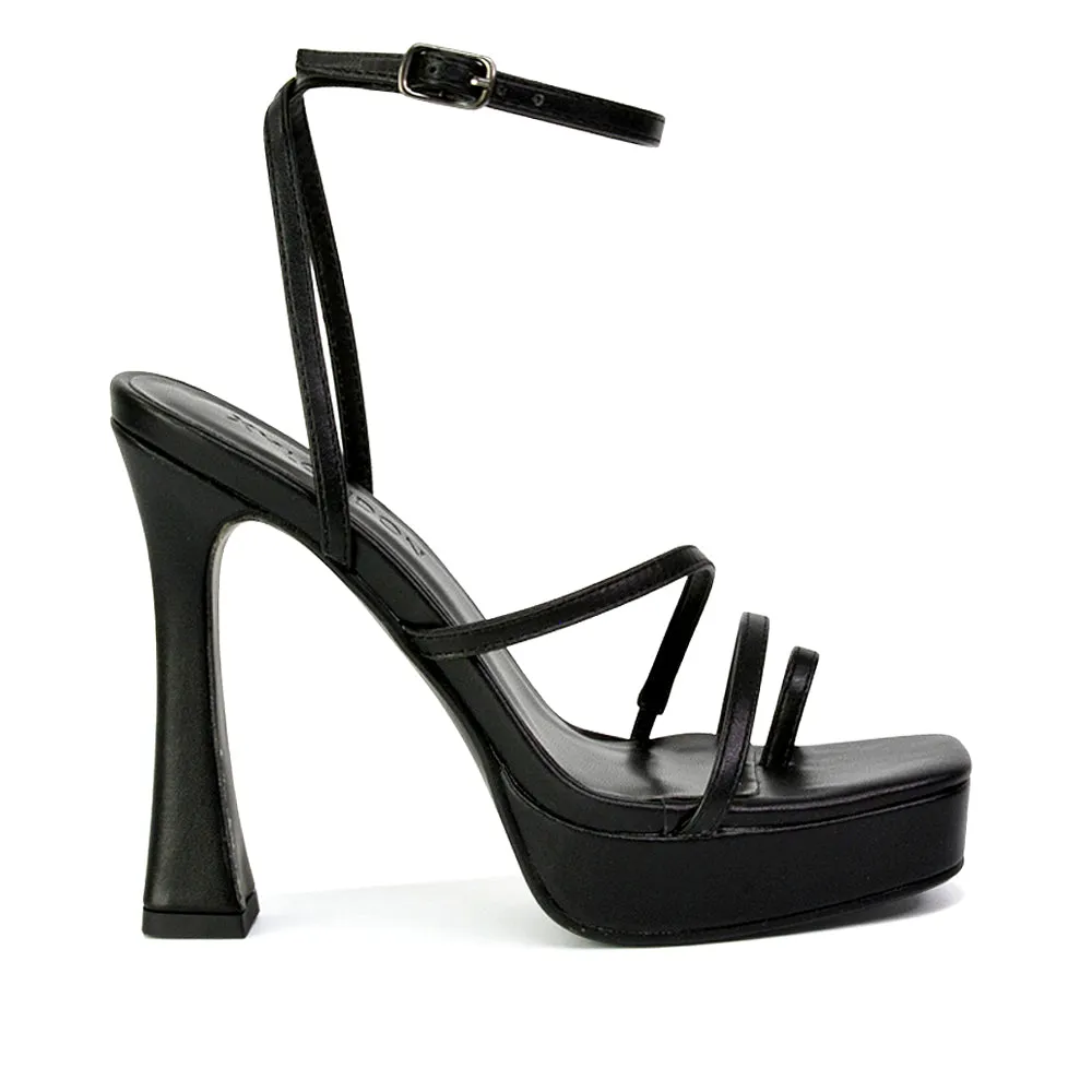Tessie Strappy Square Toe Post Platform High Heel Sandals in Nude