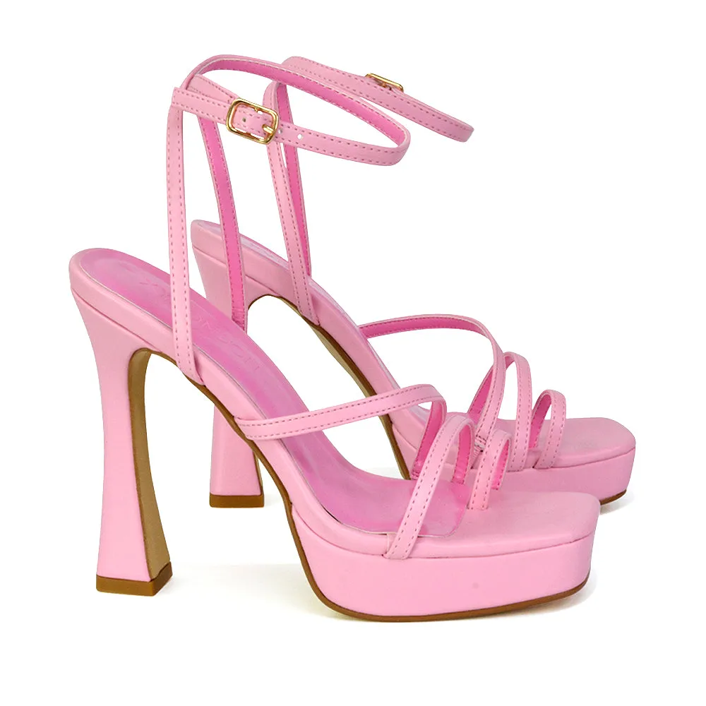 Tessie Strappy Square Toe Post Platform High Heel Sandals in Nude