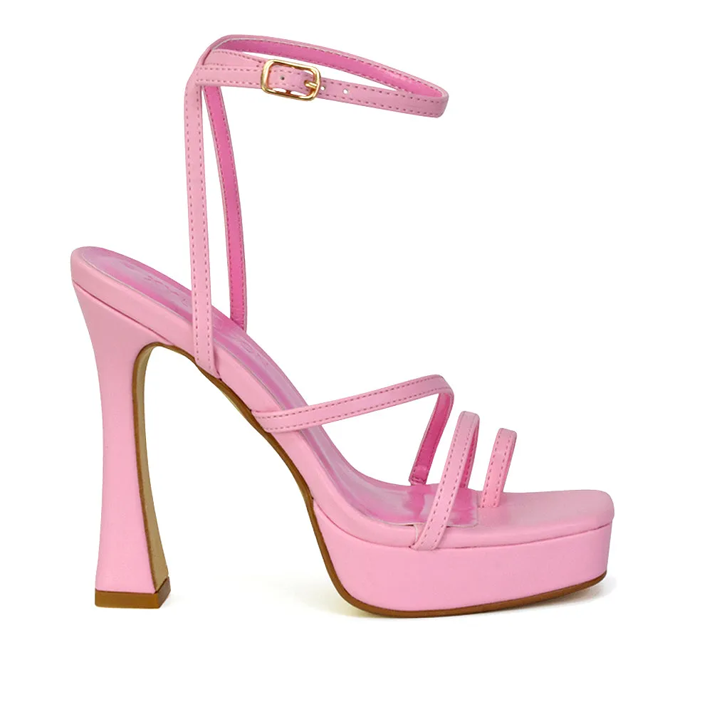 Tessie Strappy Square Toe Post Platform High Heel Sandals in Nude