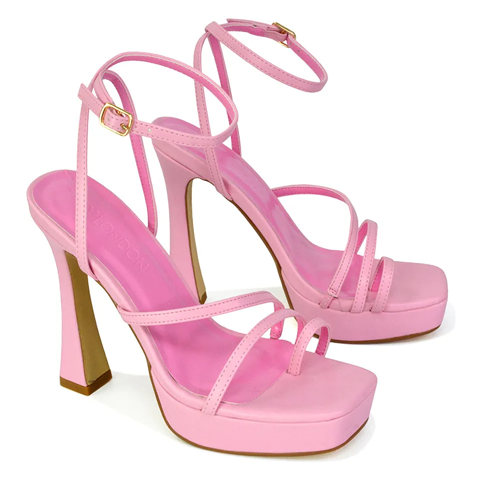 Tessie Strappy Square Toe Post Platform High Heel Sandals in Nude