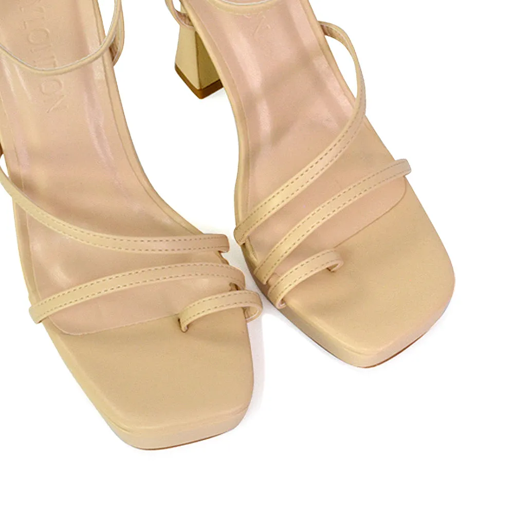 Tessie Strappy Square Toe Post Platform High Heel Sandals in Nude