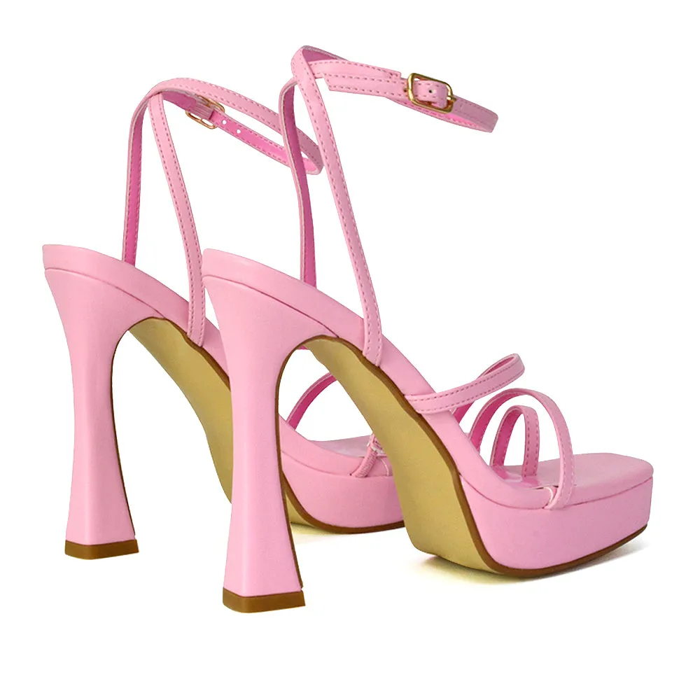 Tessie Strappy Square Toe Post Platform High Heel Sandals in Nude