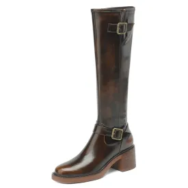 TinaCus Genuine Leather Modern Buckles Women's Round Toe Side Zip Up Handmade Chunky Heel Knee High Boots
