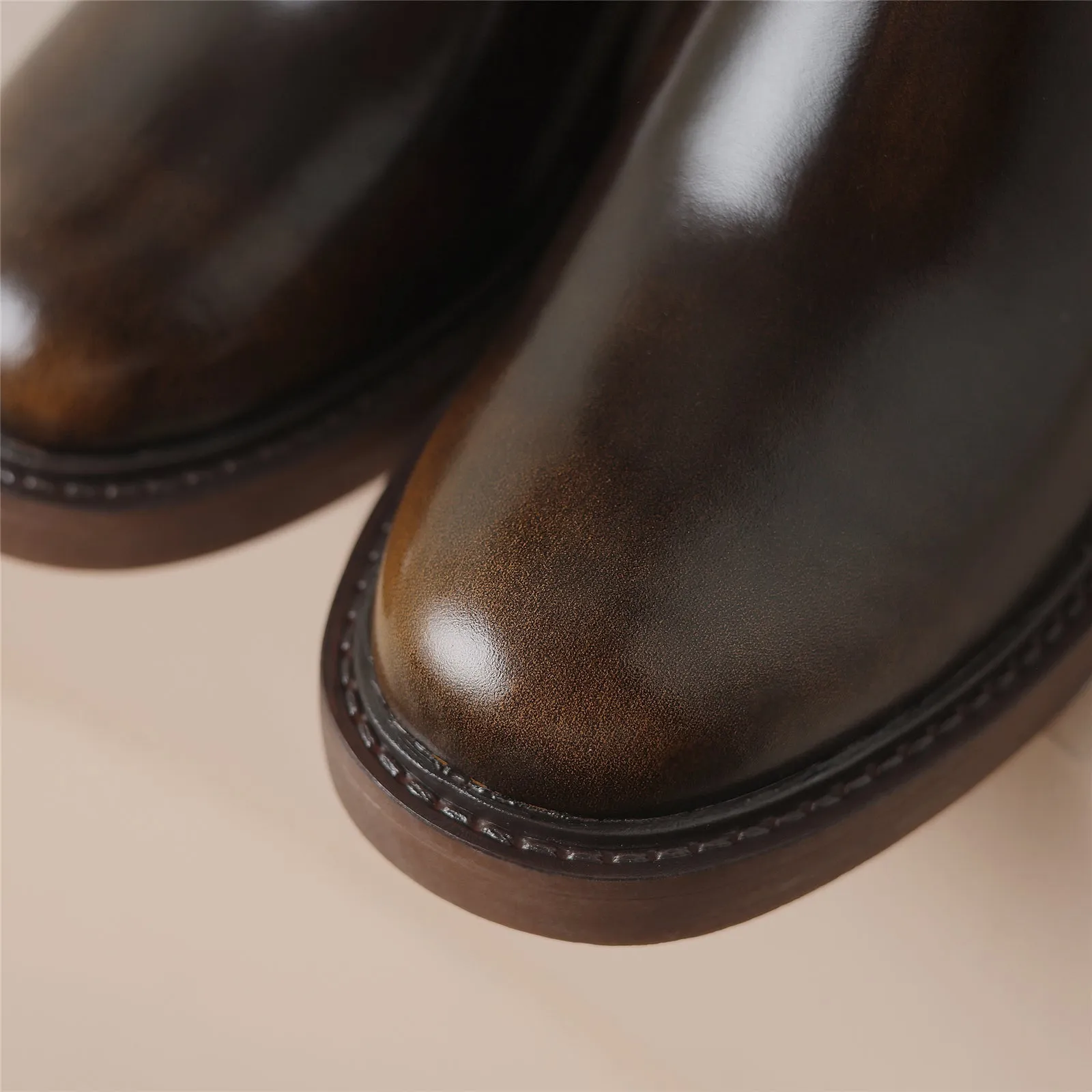 TinaCus Genuine Leather Modern Buckles Women's Round Toe Side Zip Up Handmade Chunky Heel Knee High Boots