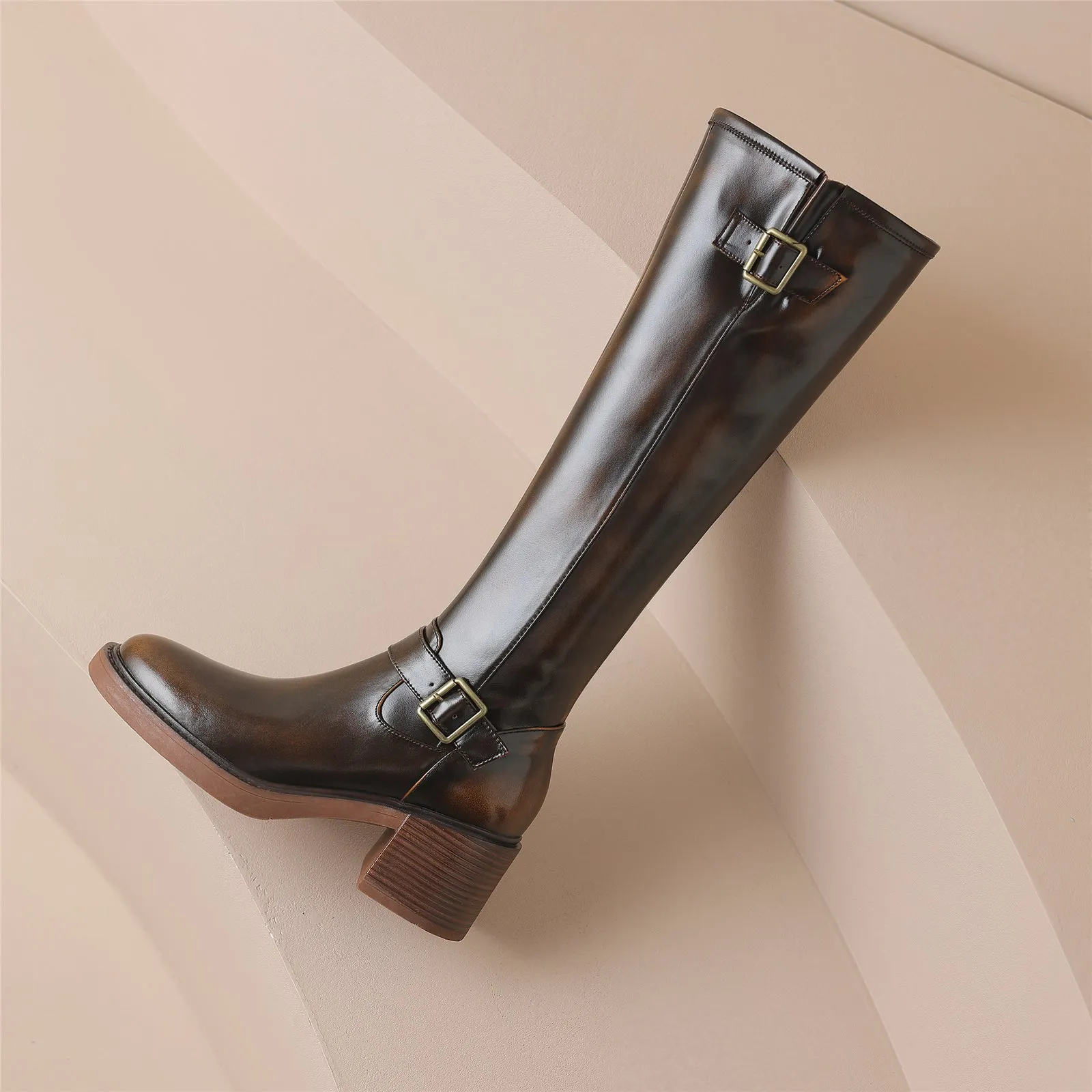 TinaCus Genuine Leather Modern Buckles Women's Round Toe Side Zip Up Handmade Chunky Heel Knee High Boots