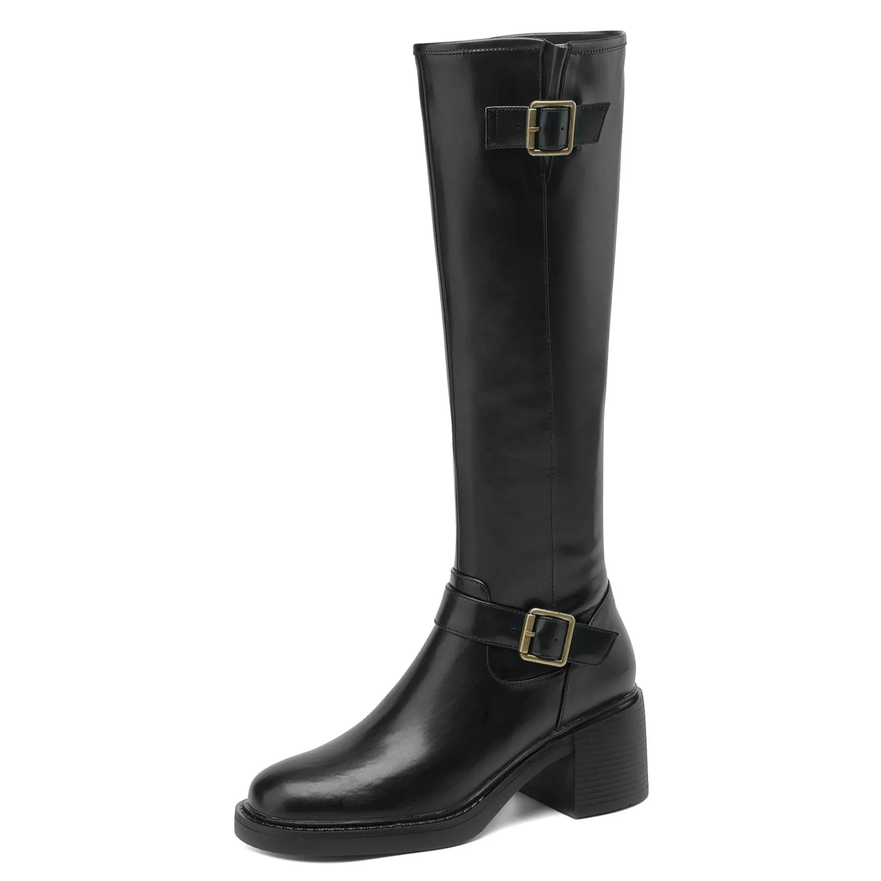 TinaCus Genuine Leather Modern Buckles Women's Round Toe Side Zip Up Handmade Chunky Heel Knee High Boots