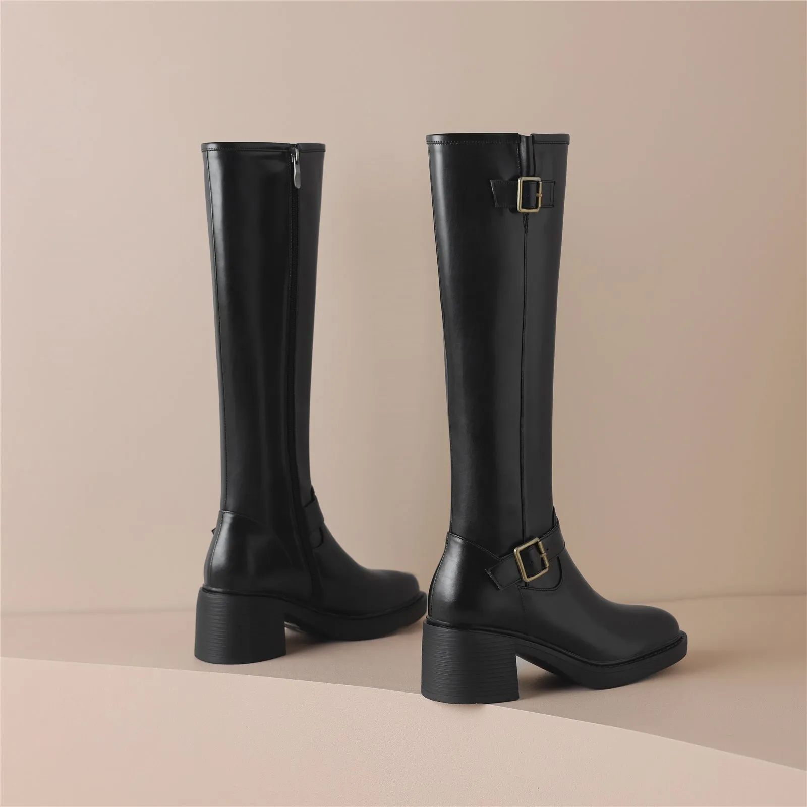 TinaCus Genuine Leather Modern Buckles Women's Round Toe Side Zip Up Handmade Chunky Heel Knee High Boots