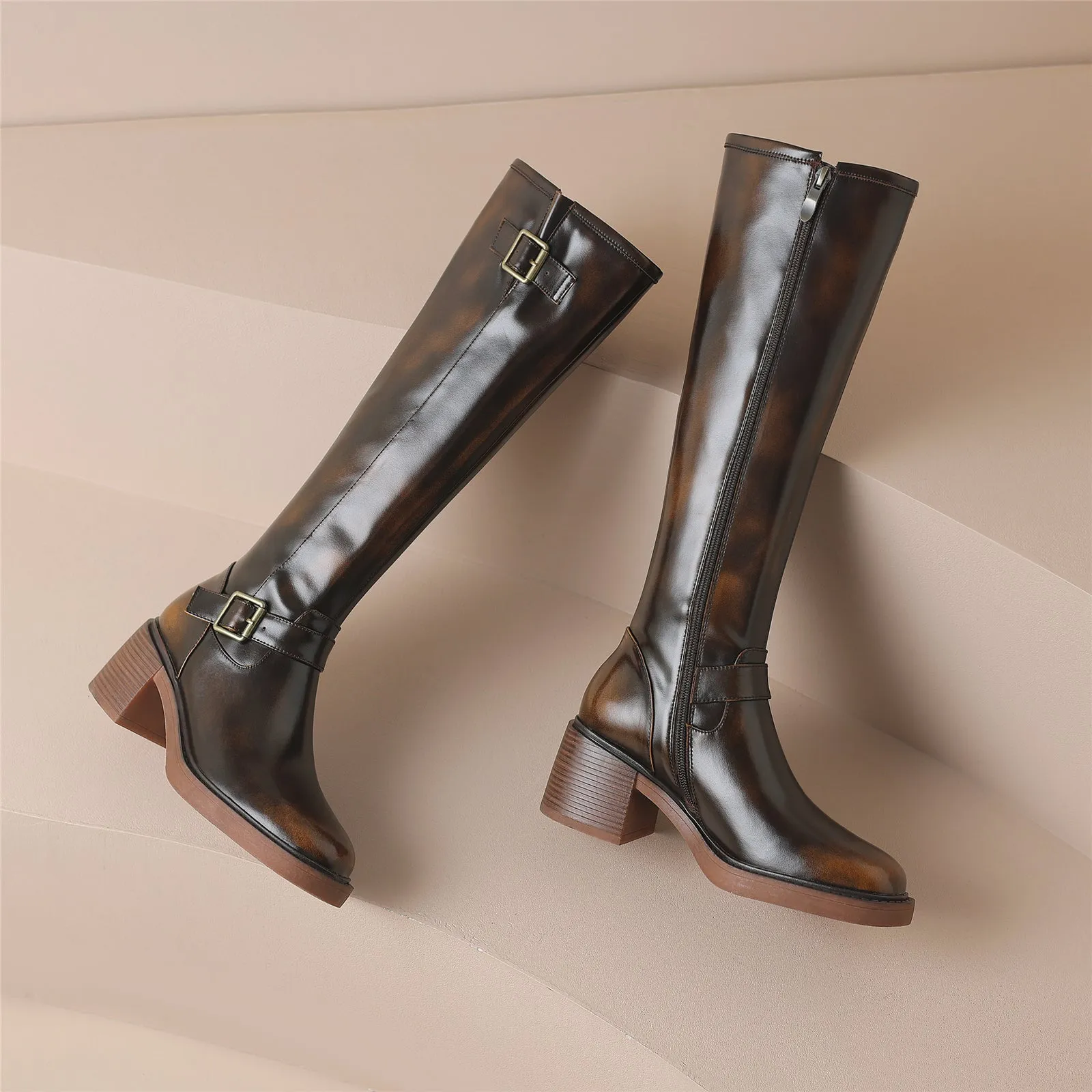 TinaCus Genuine Leather Modern Buckles Women's Round Toe Side Zip Up Handmade Chunky Heel Knee High Boots