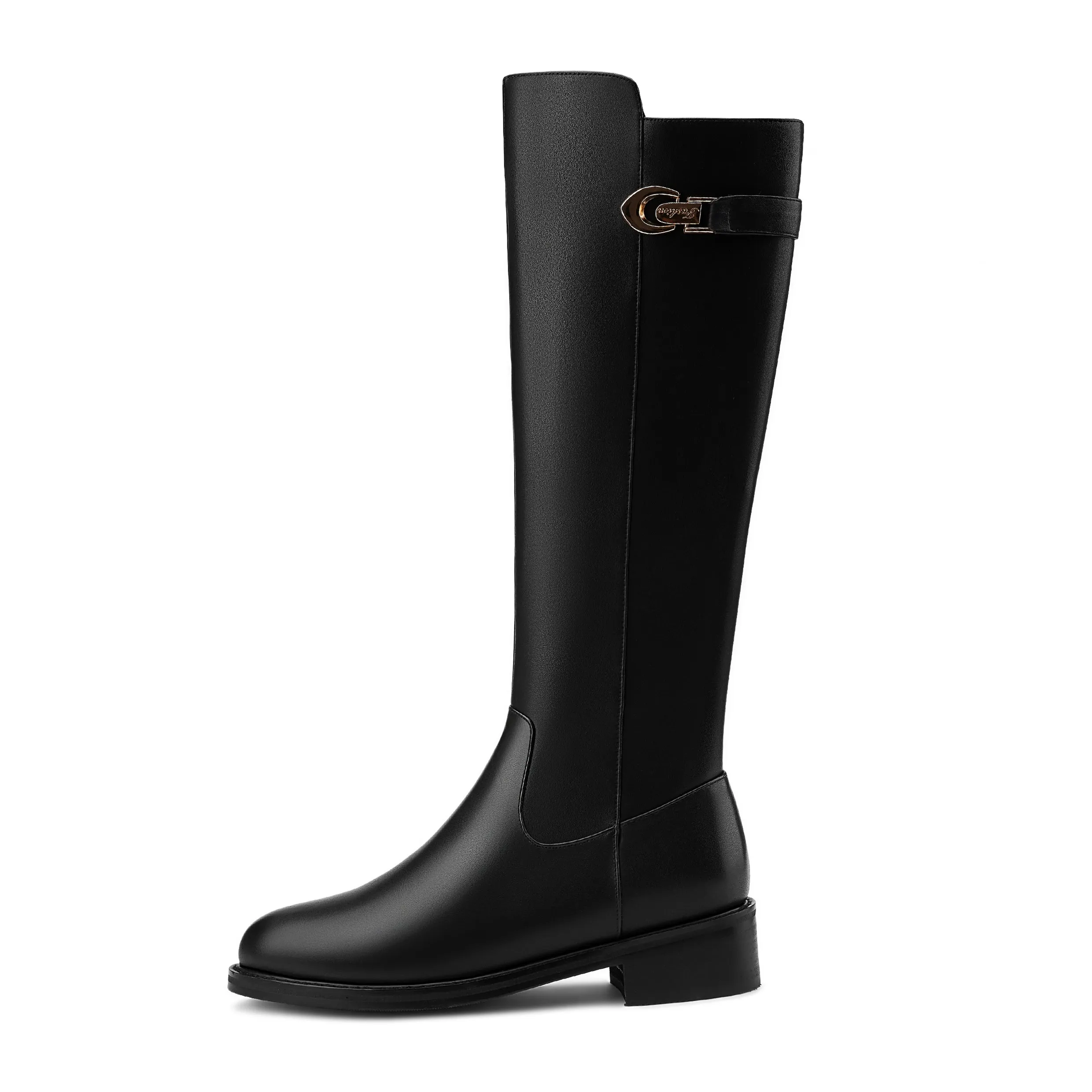 TinaCus Women's Genuine Leather Round Toe Side Zipper Handmade Low Chunky Heel Comfort Knee High Boots with Metal Décor