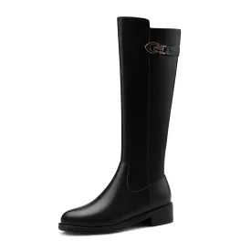 TinaCus Women's Genuine Leather Round Toe Side Zipper Handmade Low Chunky Heel Comfort Knee High Boots with Metal Décor