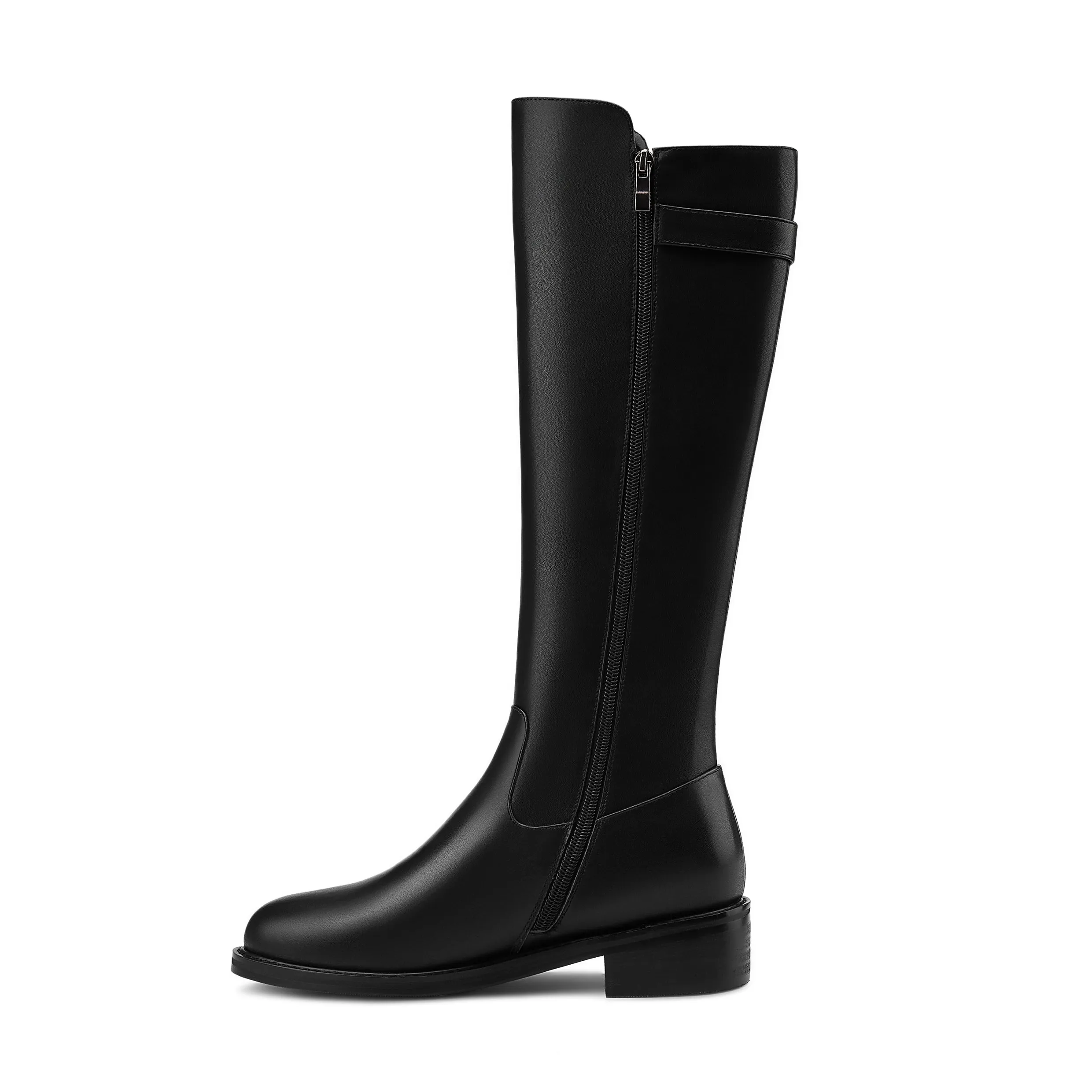 TinaCus Women's Genuine Leather Round Toe Side Zipper Handmade Low Chunky Heel Comfort Knee High Boots with Metal Décor