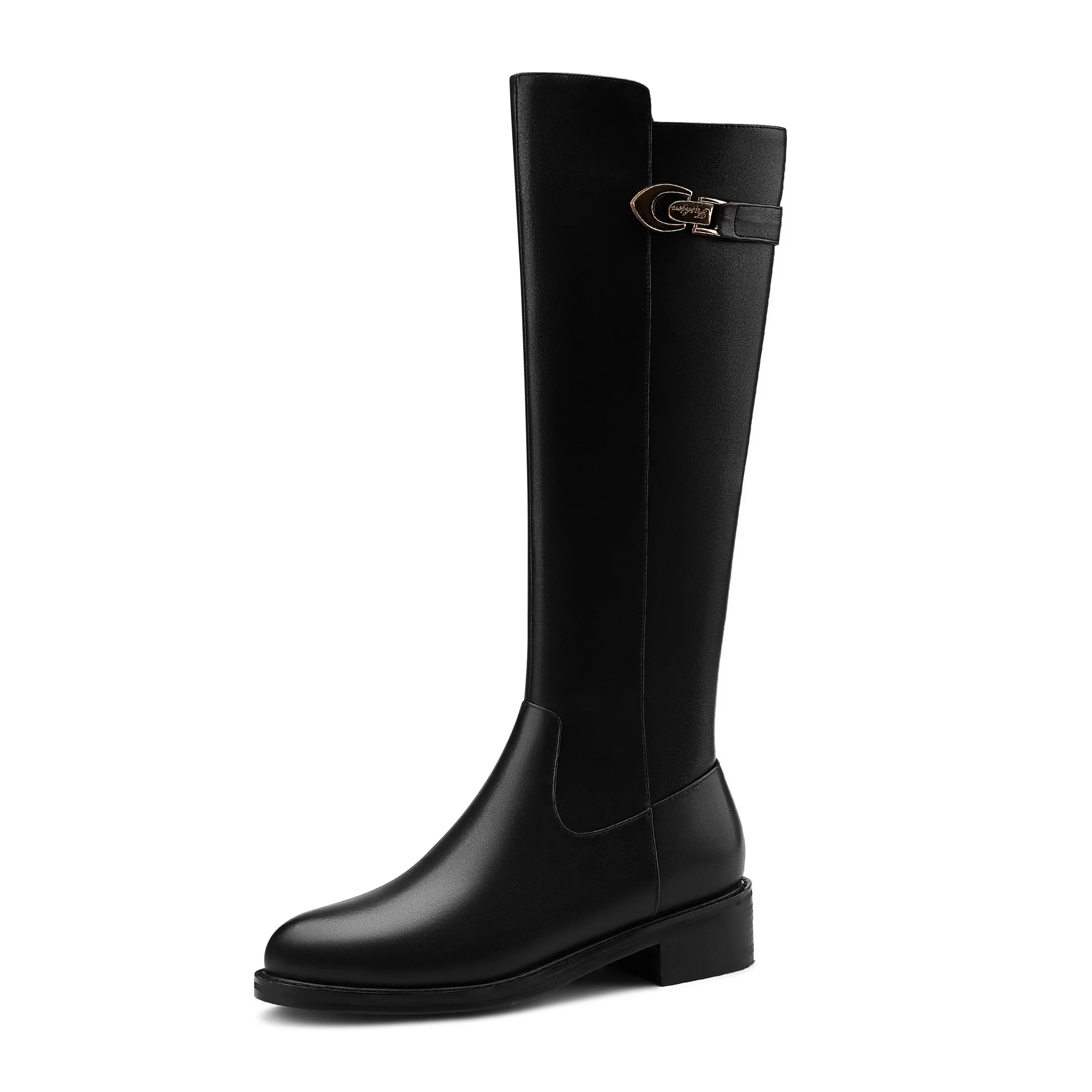 TinaCus Women's Genuine Leather Round Toe Side Zipper Handmade Low Chunky Heel Comfort Knee High Boots with Metal Décor