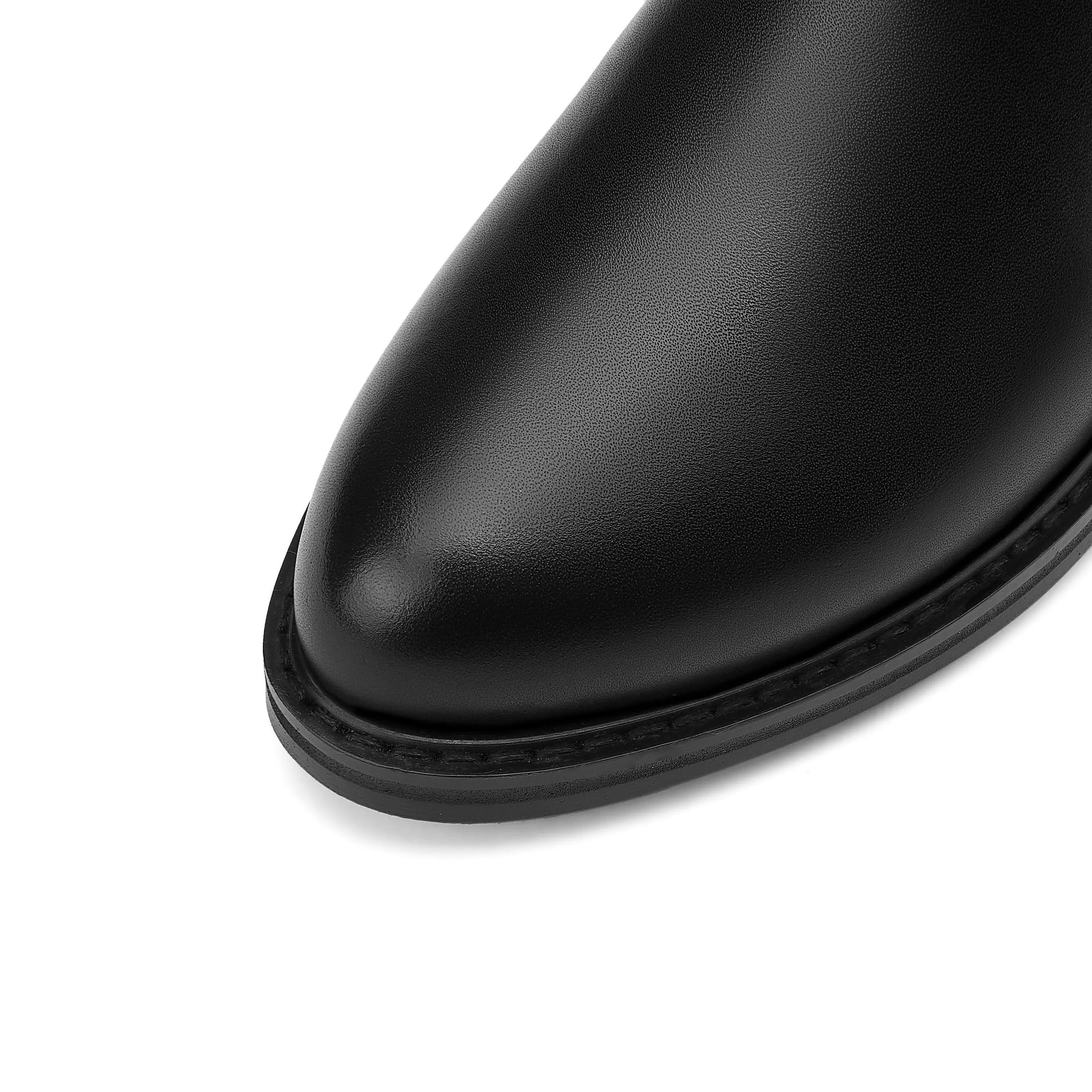 TinaCus Women's Genuine Leather Round Toe Side Zipper Handmade Low Chunky Heel Comfort Knee High Boots with Metal Décor
