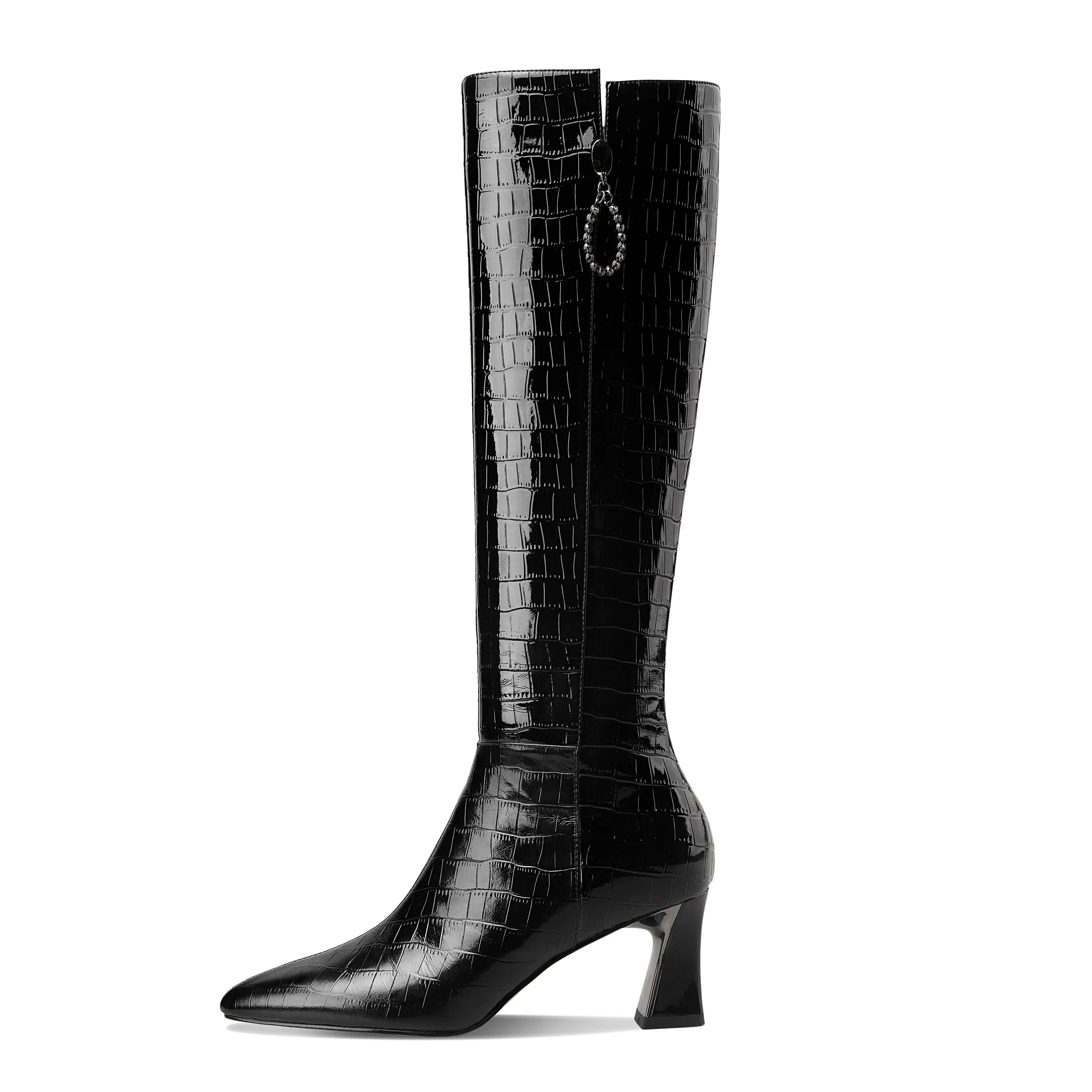 TinaCus Women's Handmade Embossed Genuine Leather Clear Pointed Toe Mid Spool Heel Side Zip Up Classic Black Knee High Boots