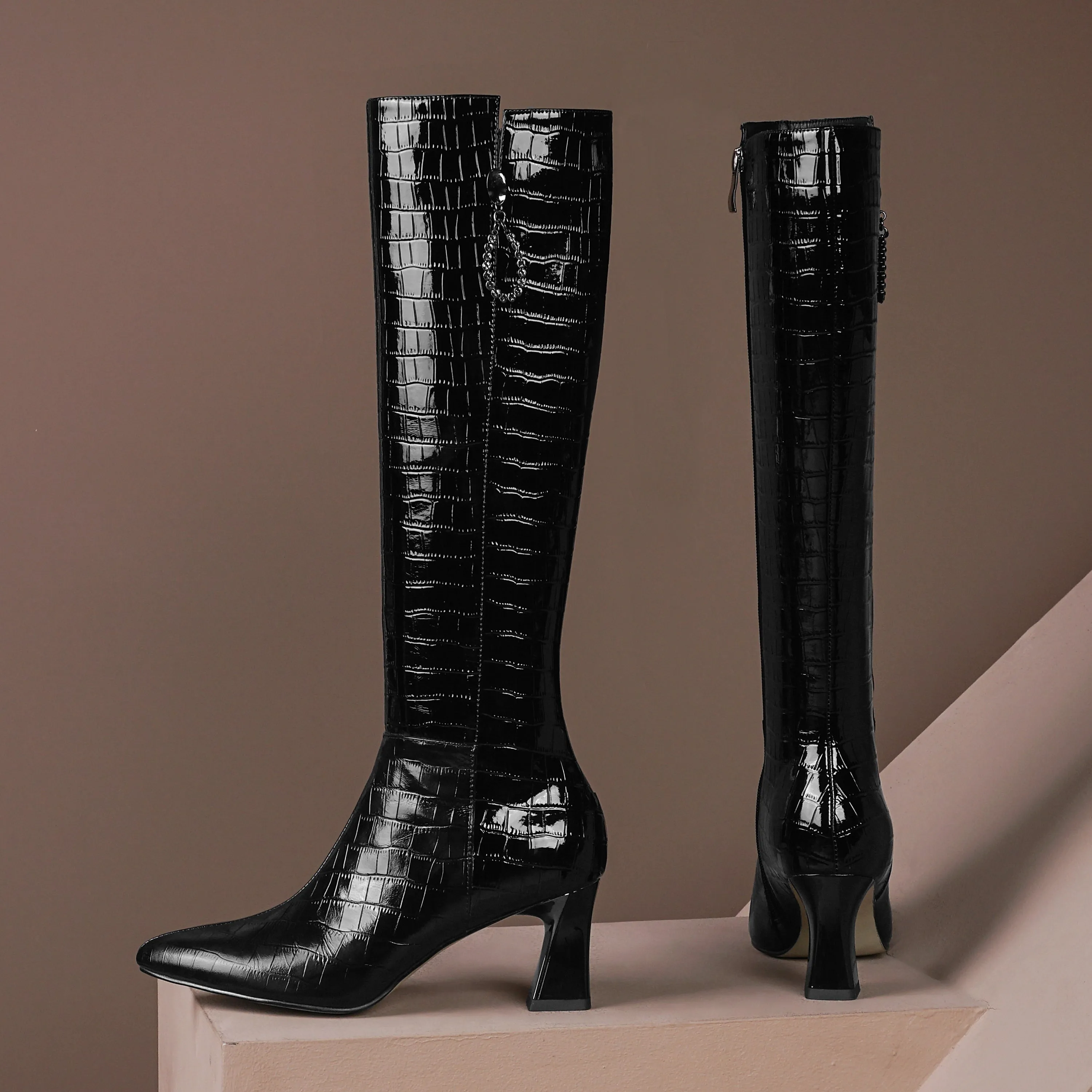 TinaCus Women's Handmade Embossed Genuine Leather Clear Pointed Toe Mid Spool Heel Side Zip Up Classic Black Knee High Boots