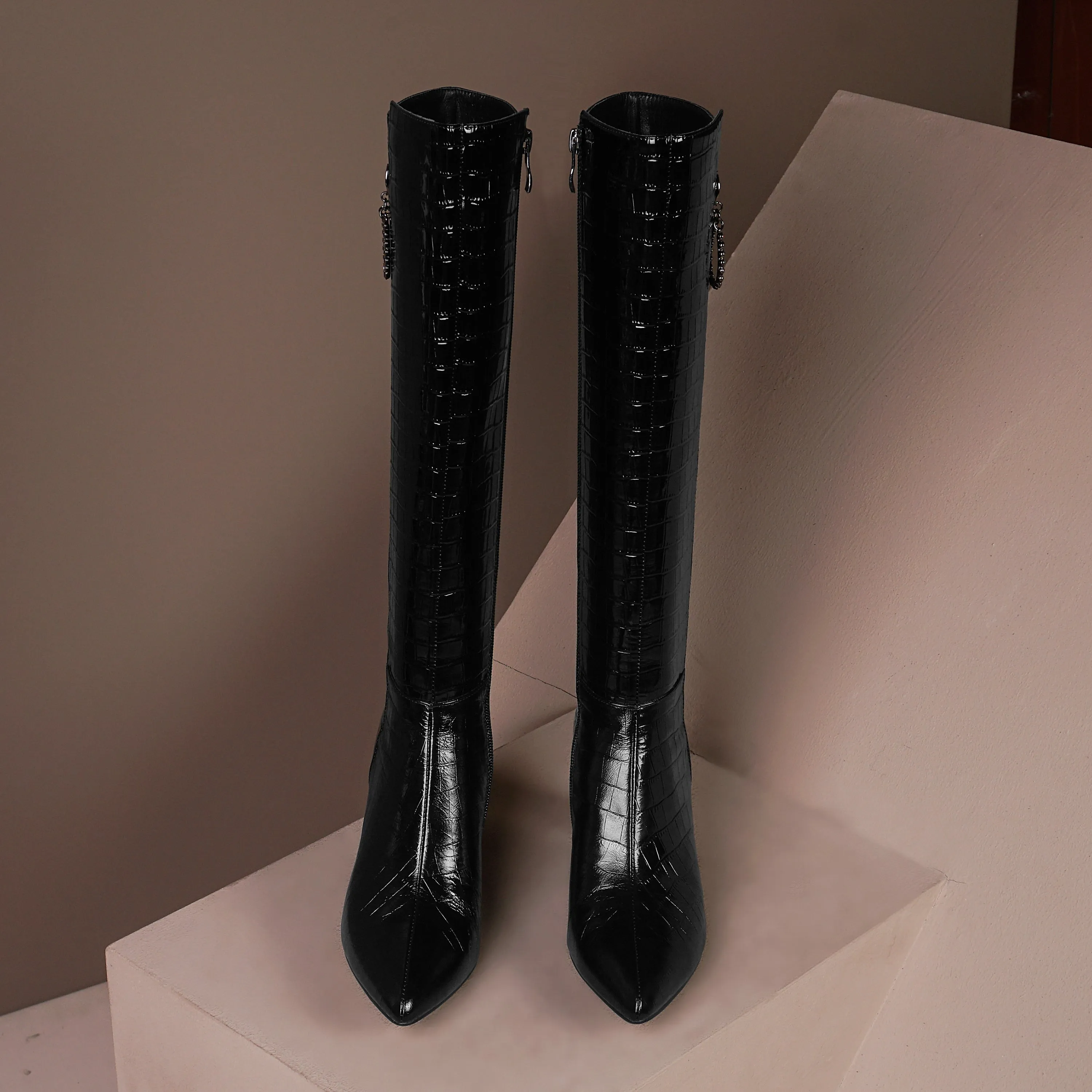 TinaCus Women's Handmade Embossed Genuine Leather Clear Pointed Toe Mid Spool Heel Side Zip Up Classic Black Knee High Boots