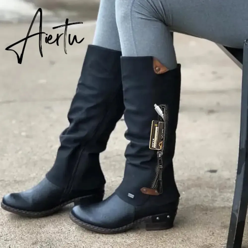 Women Boots Winter Western Punk Boots Winter Warm Shoes Side Zipper Cowboy Boots Ladies Booties
