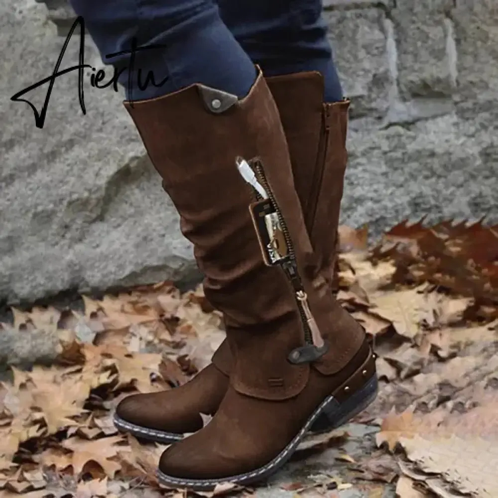 Women Boots Winter Western Punk Boots Winter Warm Shoes Side Zipper Cowboy Boots Ladies Booties