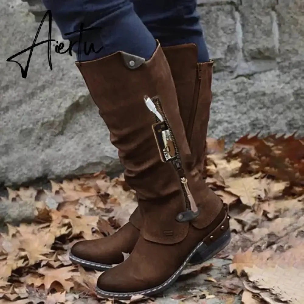 Women Boots Winter Western Punk Boots Winter Warm Shoes Side Zipper Cowboy Boots Ladies Booties