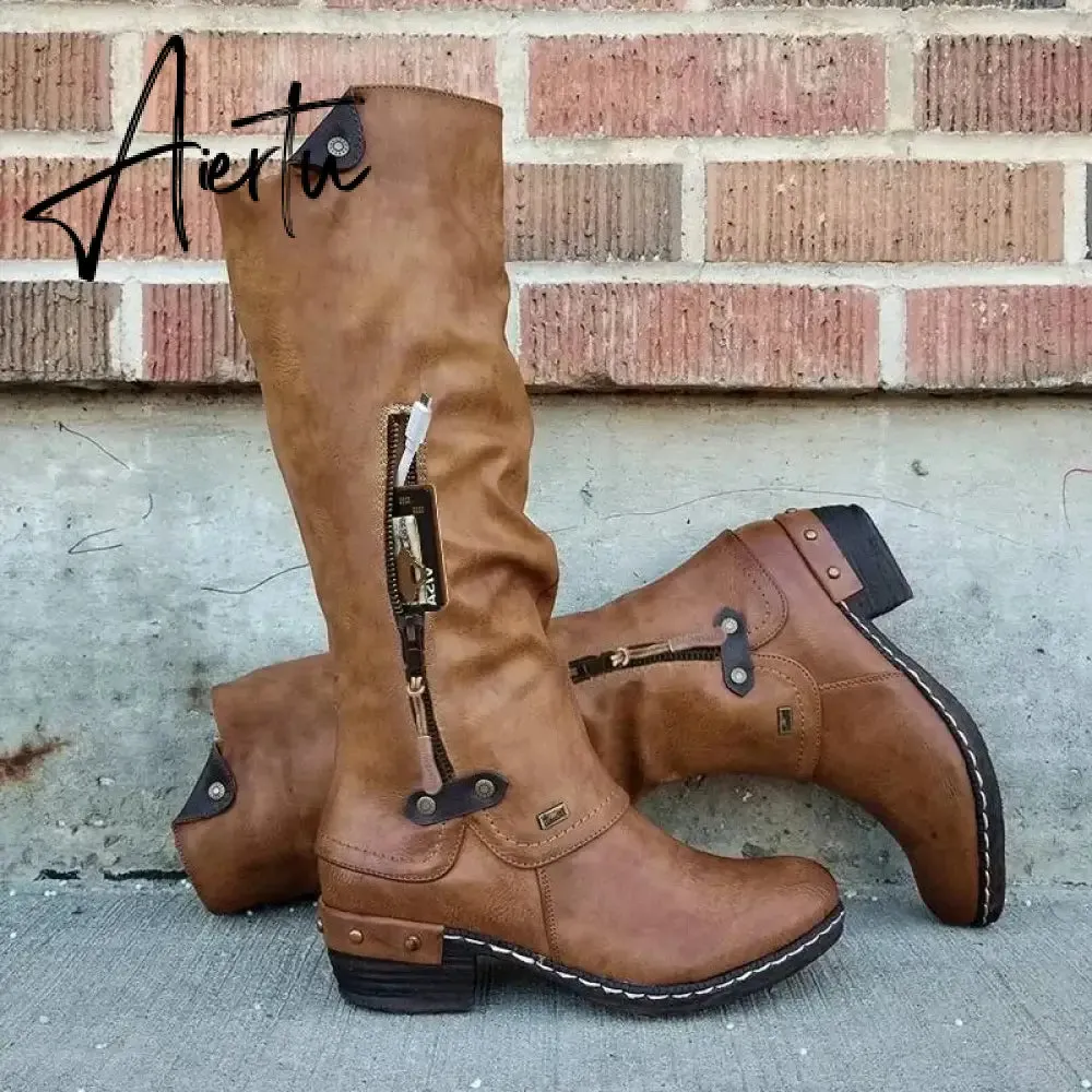 Women Boots Winter Western Punk Boots Winter Warm Shoes Side Zipper Cowboy Boots Ladies Booties