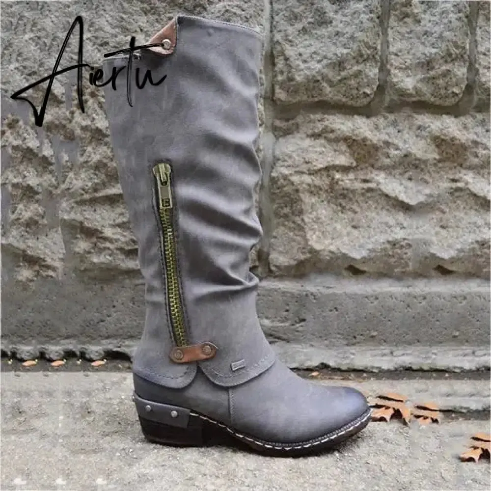 Women Boots Winter Western Punk Boots Winter Warm Shoes Side Zipper Cowboy Boots Ladies Booties