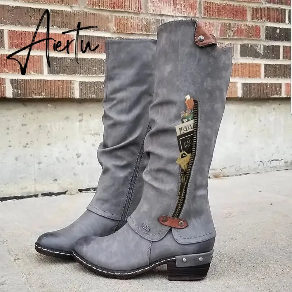 Women Boots Winter Western Punk Boots Winter Warm Shoes Side Zipper Cowboy Boots Ladies Booties