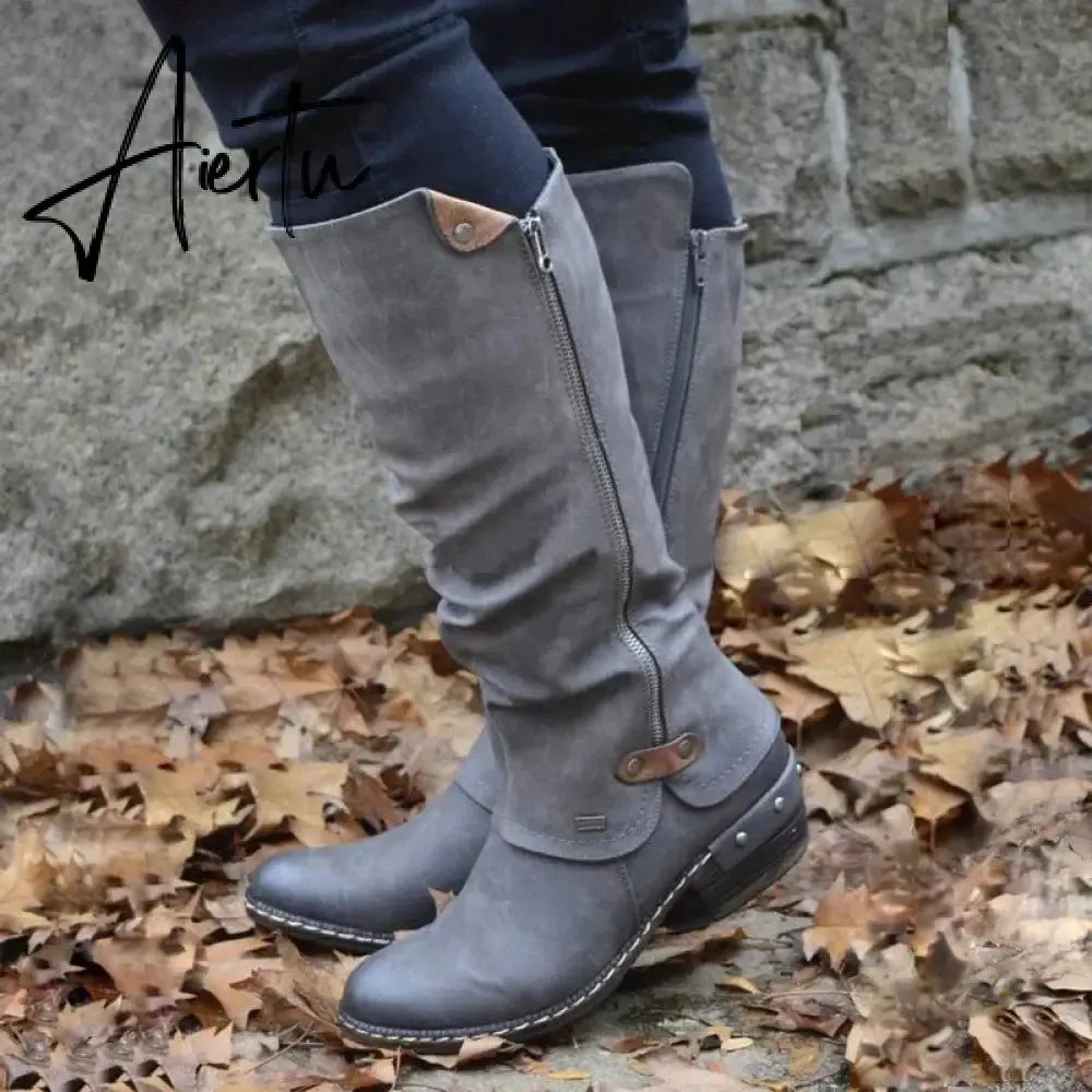 Women Boots Winter Western Punk Boots Winter Warm Shoes Side Zipper Cowboy Boots Ladies Booties
