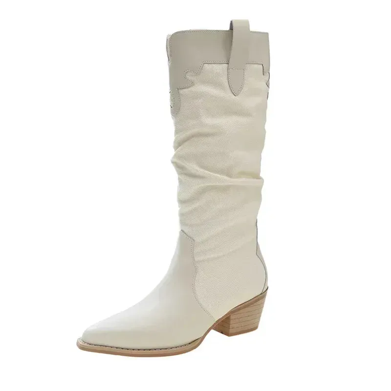 Women New Fashion Denim Vintage Pointed Pleated Platform Knee High Boots