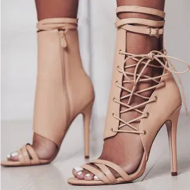 Women peep toe ankle strappy stiletto lace up heels