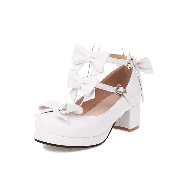 Women's Pumps Lolita Solid Color Butterfly Knot Platform Block Heel Shoes