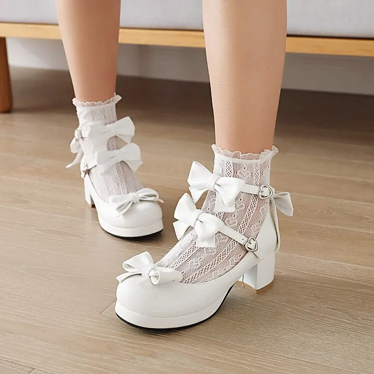 Women's Pumps Lolita Solid Color Butterfly Knot Platform Block Heel Shoes