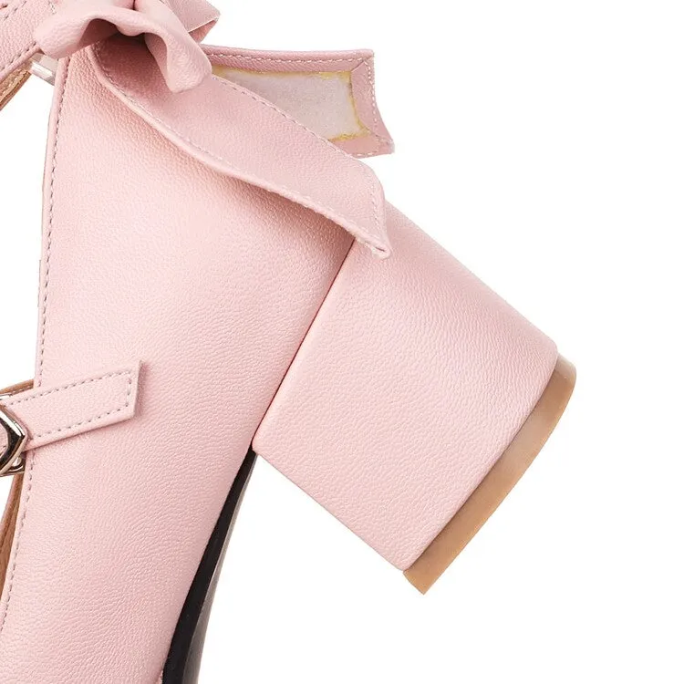 Women's Pumps Lolita Solid Color Butterfly Knot Platform Block Heel Shoes