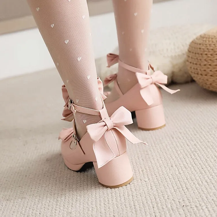Women's Pumps Lolita Solid Color Butterfly Knot Platform Block Heel Shoes