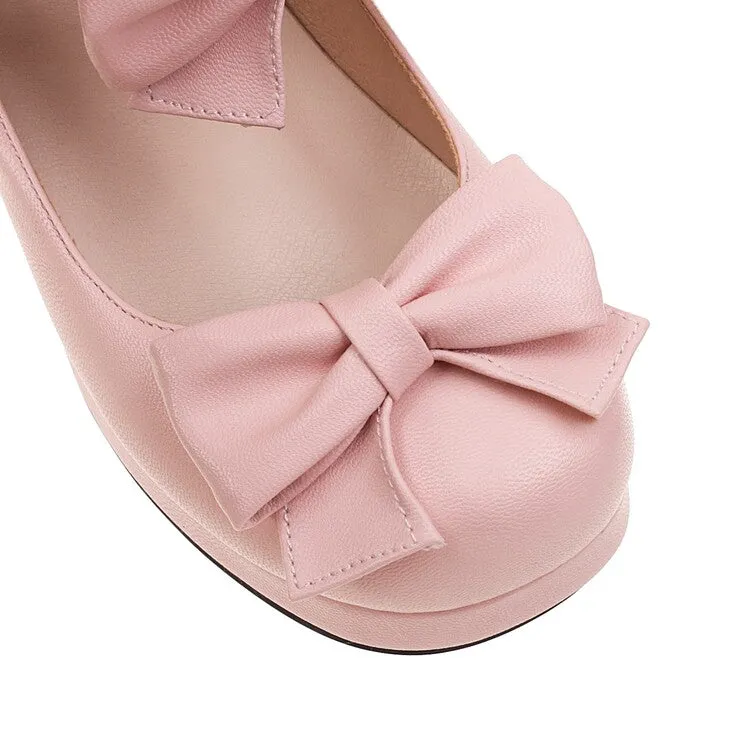 Women's Pumps Lolita Solid Color Butterfly Knot Platform Block Heel Shoes
