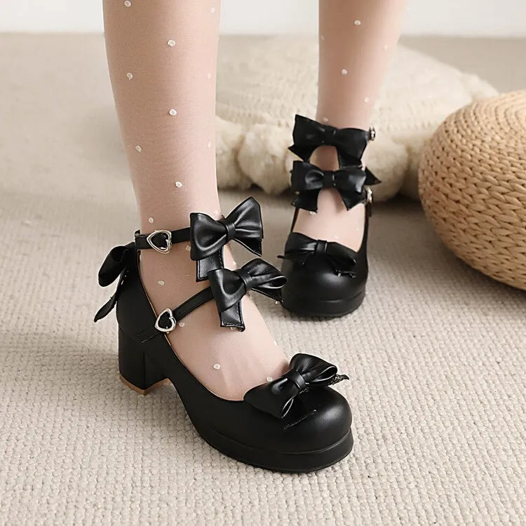 Women's Pumps Lolita Solid Color Butterfly Knot Platform Block Heel Shoes