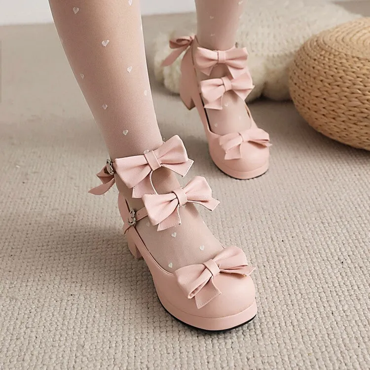 Women's Pumps Lolita Solid Color Butterfly Knot Platform Block Heel Shoes