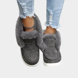 Womens Slip-On Ankle Boots - Winter Warm Plush Fur Snow Boots, Suede Footwear, Grey, Black, Brown