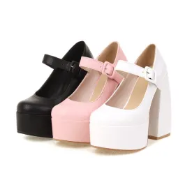 Women's Solid Color Mary Janes Chunky Heel Platform Pumps